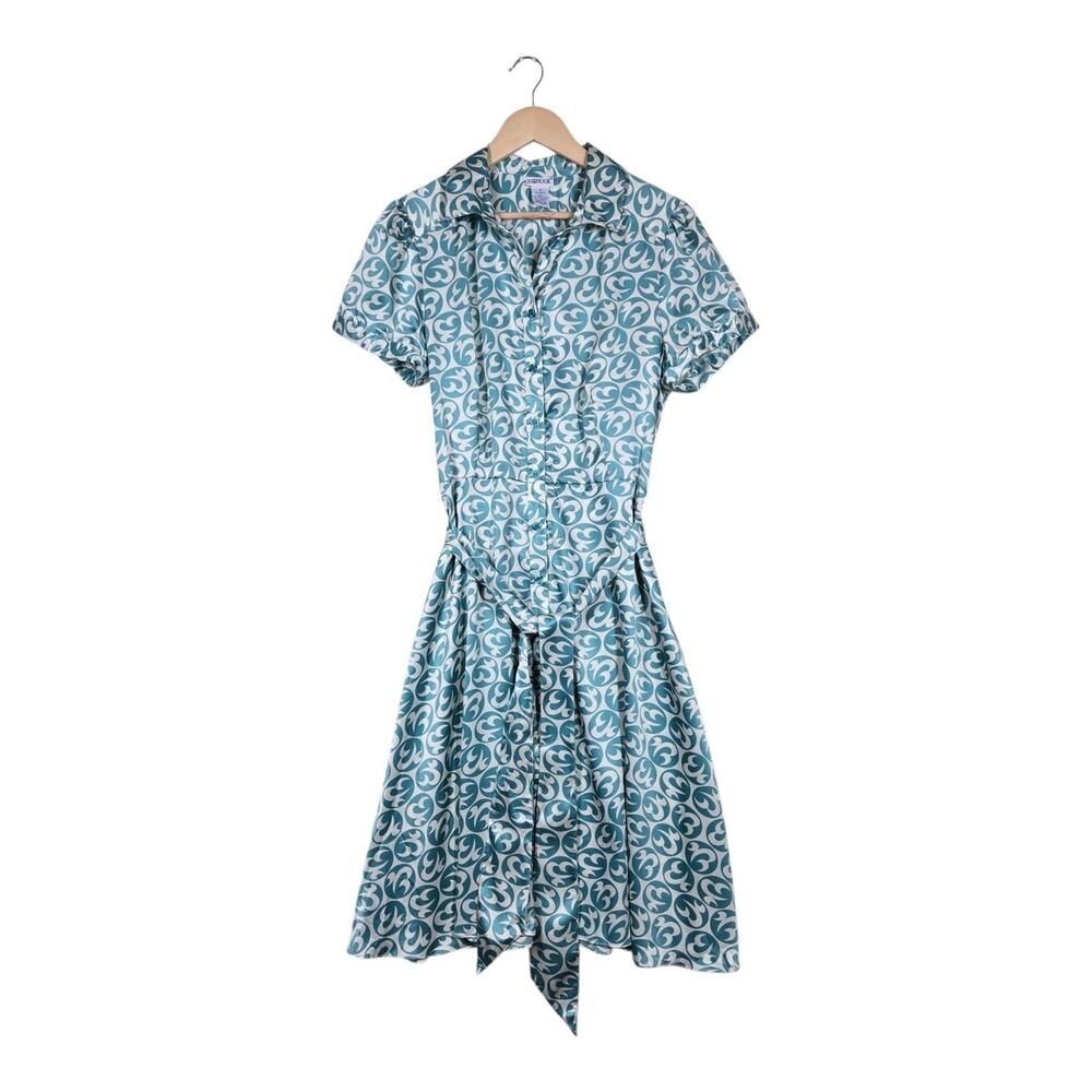 JG Hook Dress 16 Teal Ivory Mod Print Tie Waist Shirt Midi Retro Chic